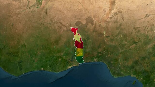 Togo map outline animated with flag colors over satellite view of West Africa motion footage