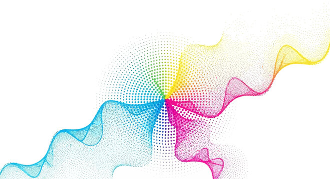 Vibrant CMYK halftone waves radiating from center on white