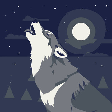 Gray wolf howling at full moon.