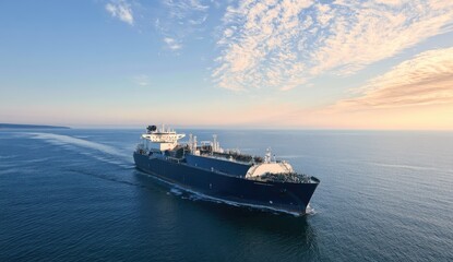 Obraz premium Large cargo vessel navigates calm ocean waters under a bright, partly cloudy sky