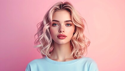 Fototapeta premium A woman with blonde hair against a pink background