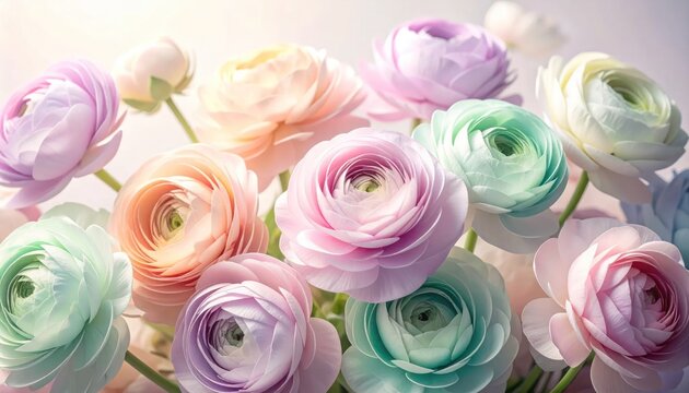 Pastel Ranunculus Flowers in Soft Light.