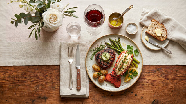 A flat lay of an elegant dinner featuring grilled steak, lobster, asparagus, and red wine on a wooden table. Elegant surf and turf setting.