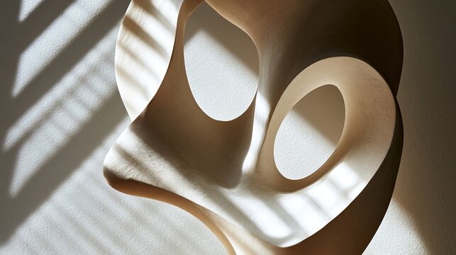 Abstract sculpture with flowing curves casting dramatic shadows on textured wall