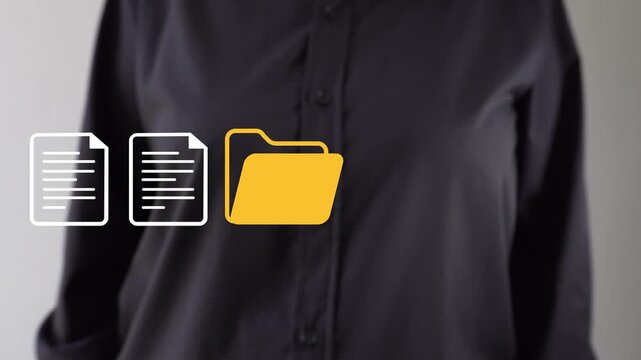Businessperson pointing to an animated icon of a folder and a couple of documents. File management.