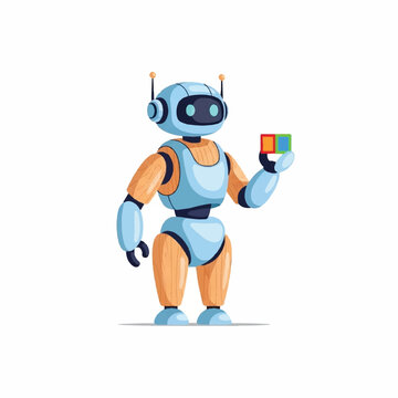 A robot stands holding a Rubik's cube in its hand indoors.