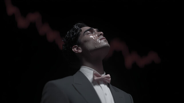Sad finance man in suit crying under falling market chart