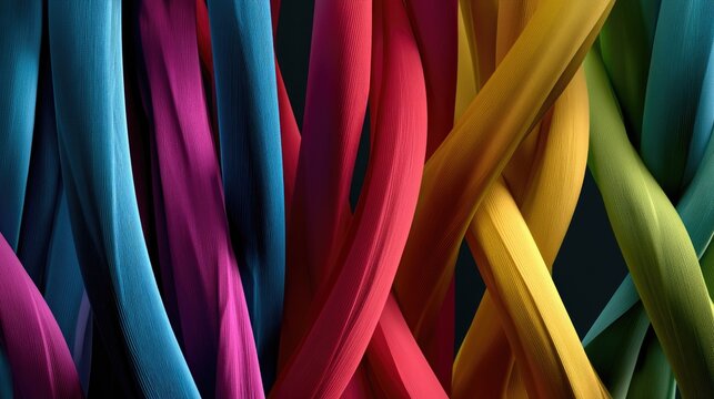 Vivid, flowing strands of color intertwine, creating a vibrant, abstract textile
