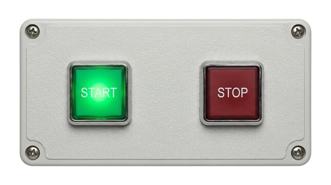 Industrial electrical control panel featuring bright green start and red stop buttons on white background