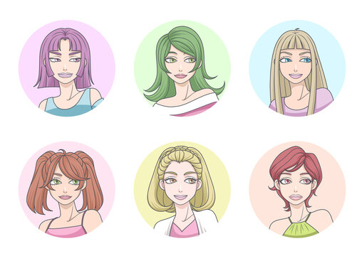 Set of six stylish female avatars with different hairstyles and colorful backgrounds
