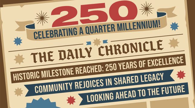 Newspaper graphic highlights a two hundred fifty year milestone with bold headlines and decorative ribbon elements.