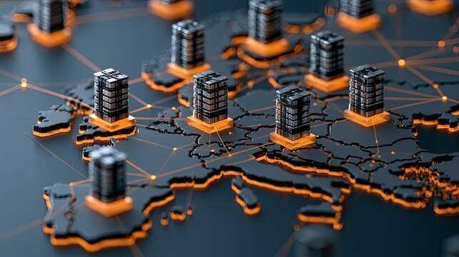 Abstract representation of interconnected server towers across a global map