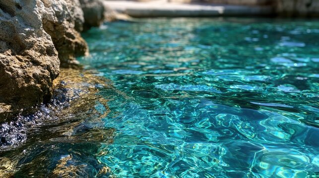 Crystal clear turquoise water laps against rocky shoreline in bright sunlight
