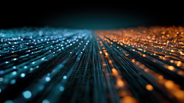 Abstract glowing strands of light, divided into warm and cool colors, stretch into distance