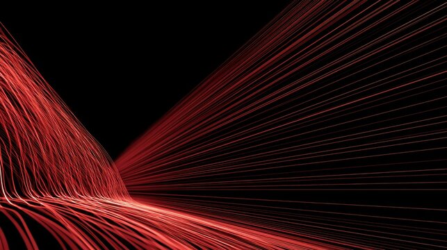 Abstract red light streaks converge and diverge on a black background