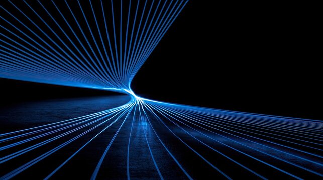 Blue laser beams converge and diverge against a dark background