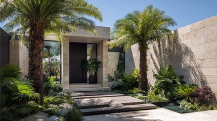 Fototapeta premium Modern stone facade home with lush tropical landscaping and water feature