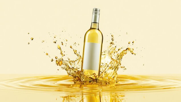 Clear bottle of light beverage exploding with liquid splashes, neutral background