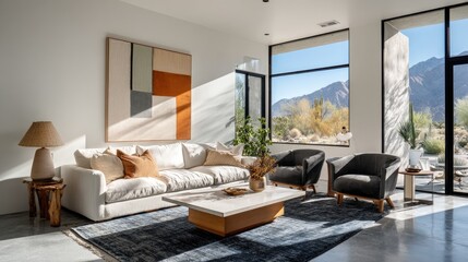 Fototapeta premium Modern living room with desert view, bright sunlight streaming in