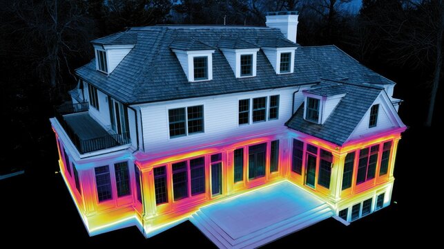 Illuminated house exterior with colorful thermal mapping on walls and deck