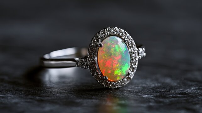 Oval opal encircled by small gems on a polished surface