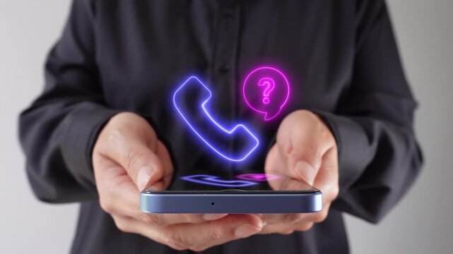 Businesswoman holding a phone with both hands with a virtual icon of an analog phone with a question mark