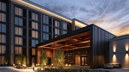 Fototapeta premium Modern building entrance illuminated at dusk with contemporary architecture and landscaping
