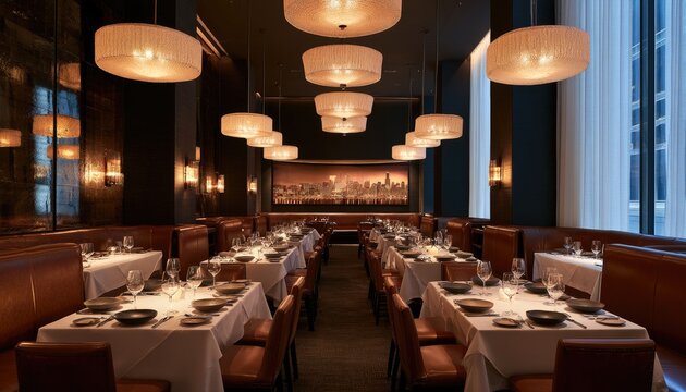 Elegant dining room with long tables, plush seating, and overhead pendant lighting