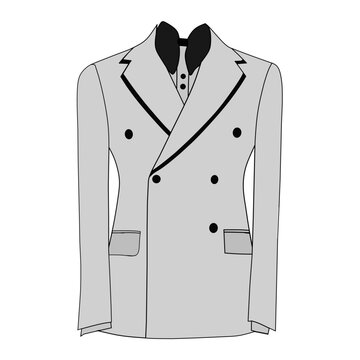 A gray tuxedo with a black bow tie on a white background.