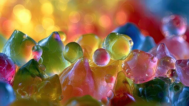 Vibrant translucent gel orbs and crystalline shapes gleam with light