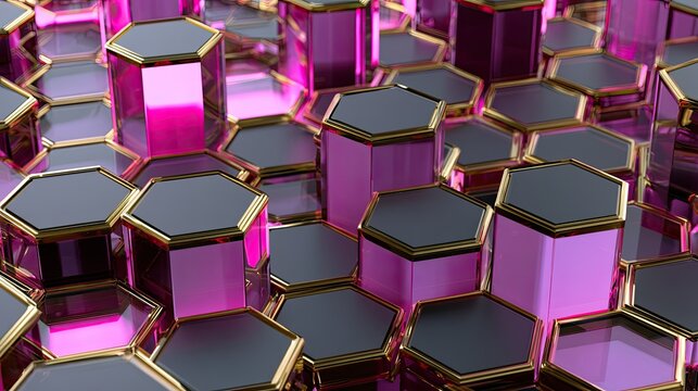Shiny hexagonal prisms with pink interiors and gold trim, abstract