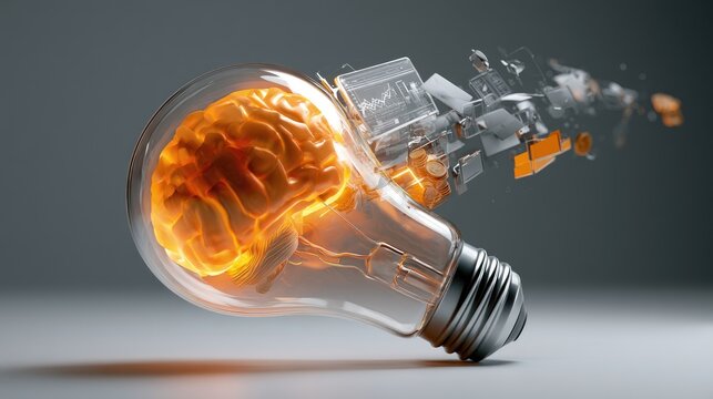 Glowing brain inside a lightbulb with mechanical components exploding outwards