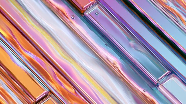 Iridescent metallic strips with flowing, glossy liquid textures in a diagonal composition