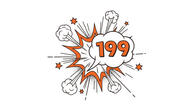 Explosion comic book style speech bubble with the number 199 inside, on a white background