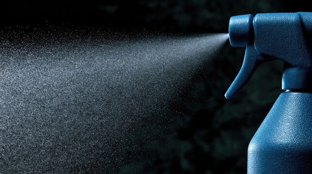 Blue spray bottle nozzle dispensing a fine mist of liquid