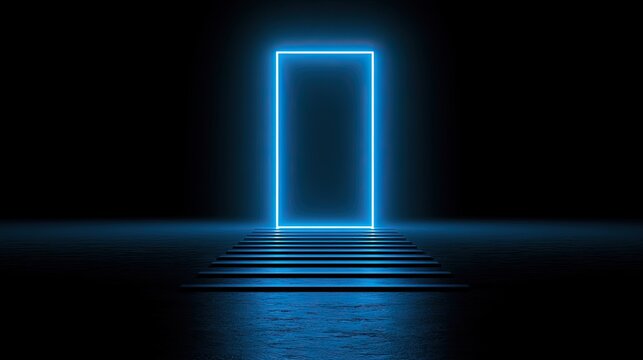 Glowing blue portal illuminates dark stairs, inviting entry into the unknown