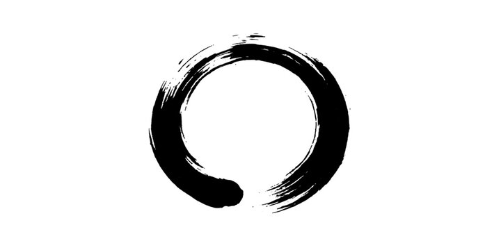 A black, hand-painted ensō circle, symbolizing Zen Buddhism, represents enlightenment and emptiness in a minimalist, artistic composition.