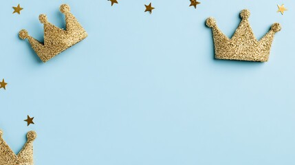 Glittering gold crowns and scattered stars on a soft blue background