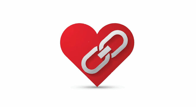 A red heart with a silver chain link sits on a white surface