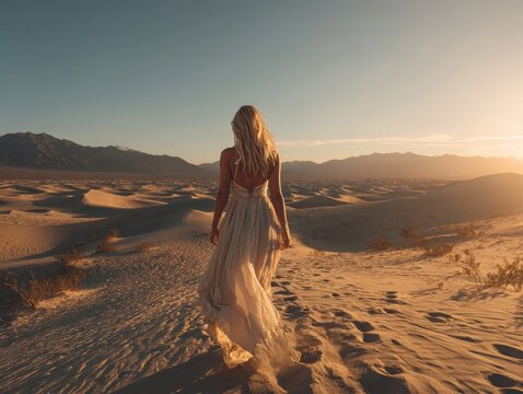Woman in flowing dress walks through sunlit desert dunes