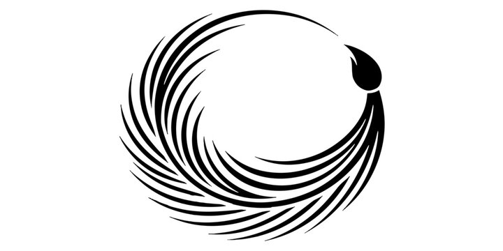 A stylized black and white abstract circle motif, resembling a swirling feather or brush stroke, suggesting movement and elegance.