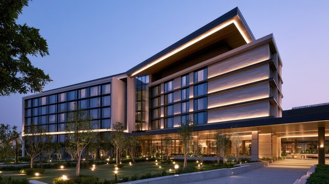 Modern hotel exterior with illuminated facade and manicured grounds at dusk