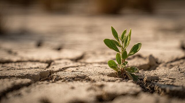 Tiny green sprout breaks through cracked, dry earth in sunlight