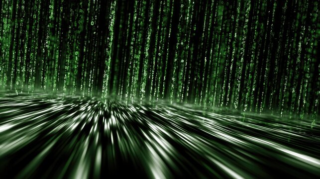 Abstract green digital rain cascades onto a shiny, reflective surface