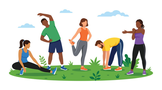 Diverse group of people stretching and warming up outdoors on a green lawn, engaging in various fitness exercises.