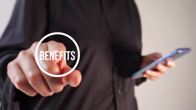 A businesswoman holding a smartphone while pointing forward at an animated button with the word "Benefits"