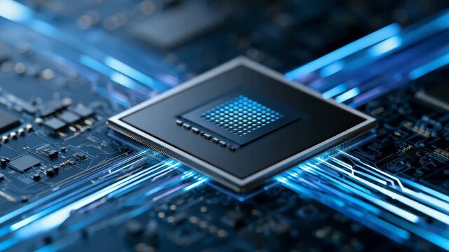 Futuristic microprocessor chip with glowing data circuits on advanced computer motherboard