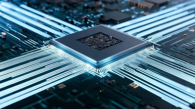 Futuristic processor chip with glowing blue circuits on advanced computer motherboard