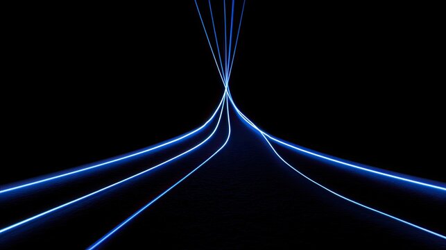 Abstract glowing blue lines converge and diverge on black background