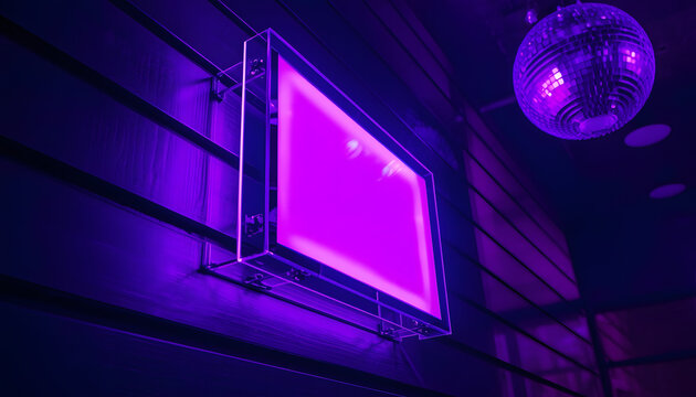 Purple Neon Sign on Wall with Disco Ball